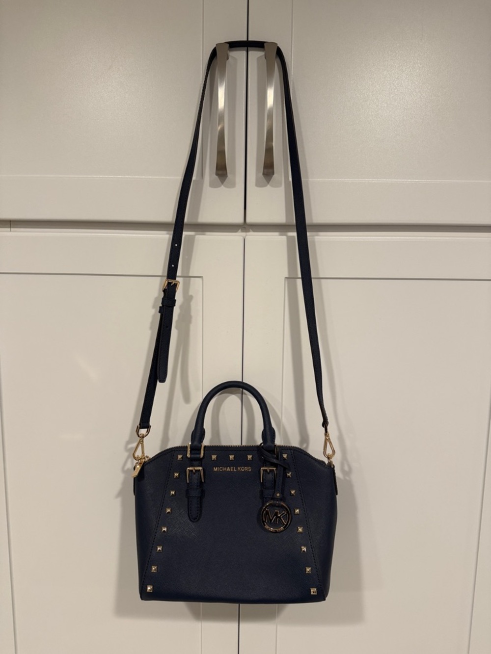 MICHAEL Michael Kors Navy Saffiano Studded Satchel with Gold Hardware